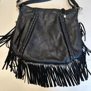 Large Black Faux Leather Tote bag with Fringe